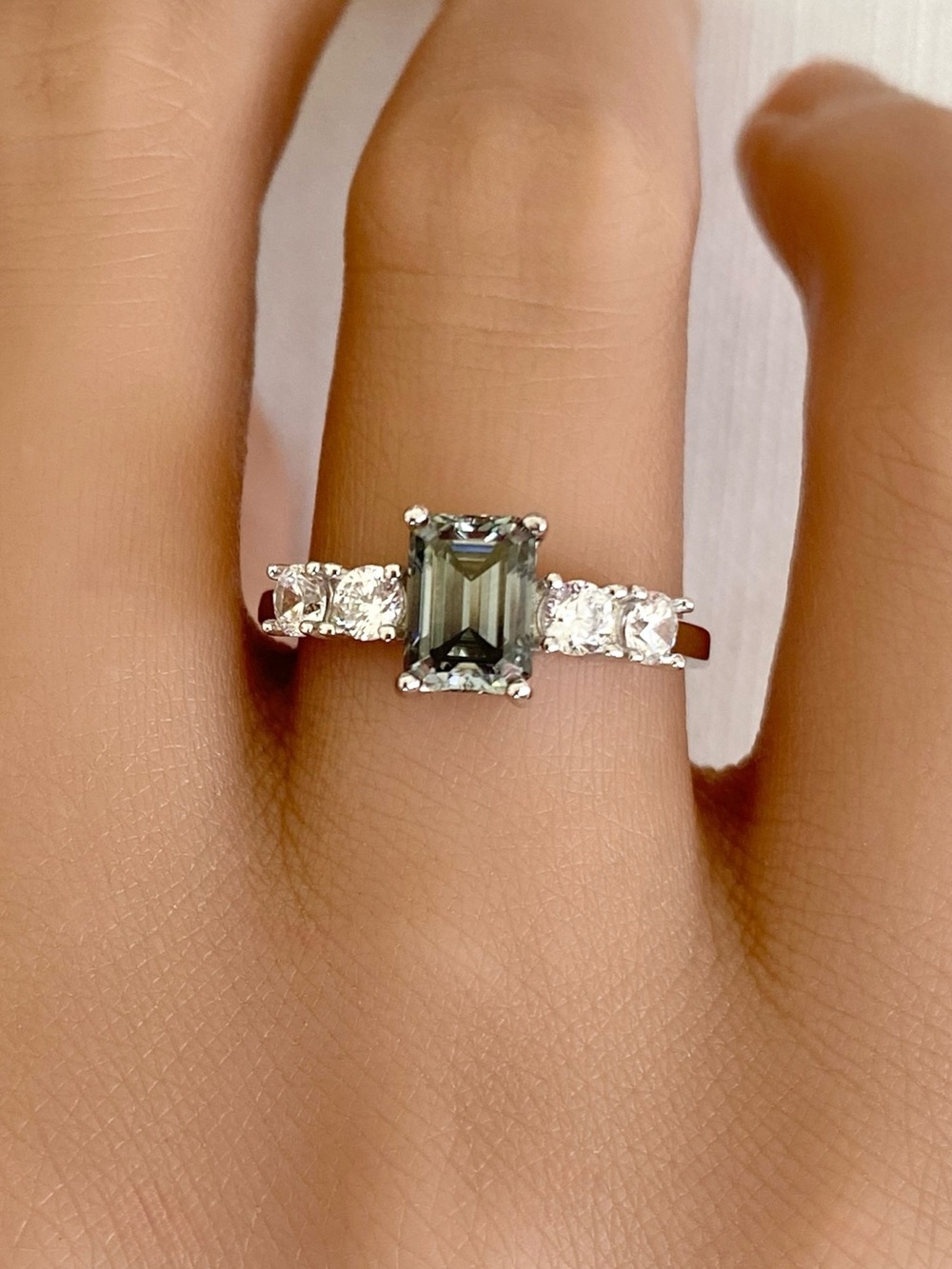 Emerald Cut Gray Moissanite Diamond Sterling Silver Round Cut CZ Engagement Ring